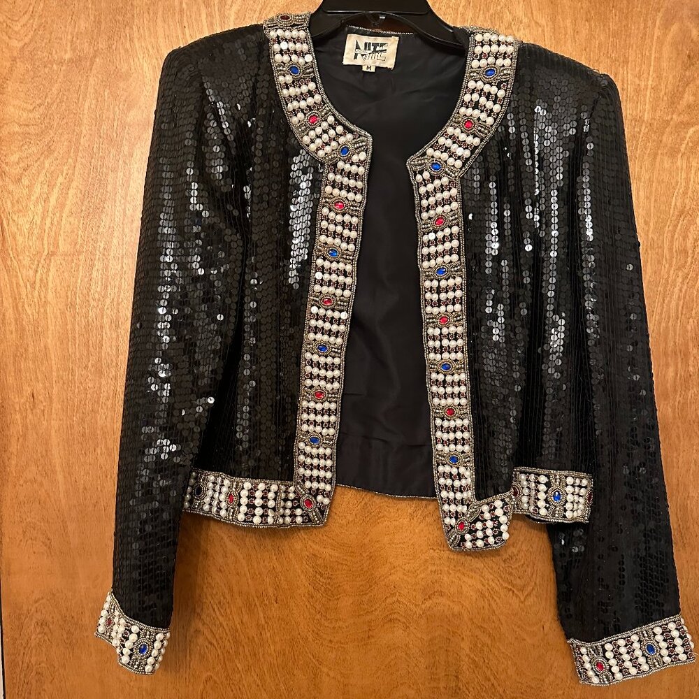 Black Tie Sequin Jacket with Rhinestone Trim